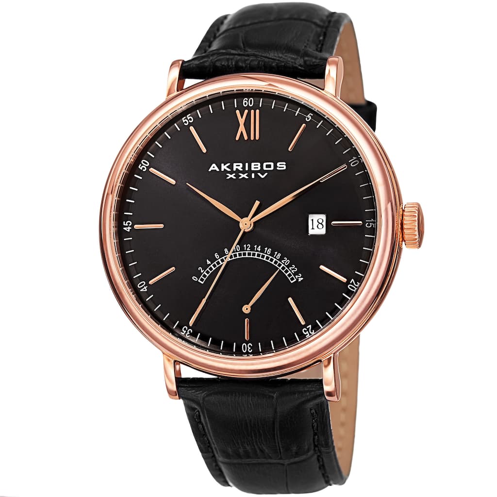 Akribos XXIV Men's Quartz Retrograde GMT Leather Black Strap Watch
