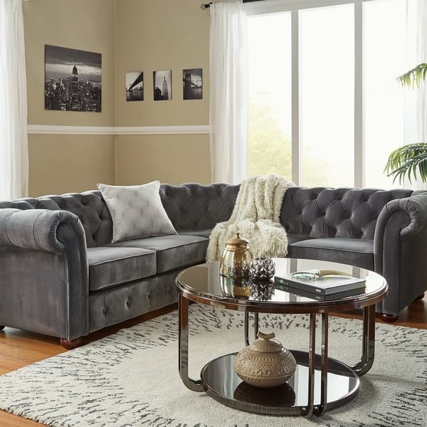 slide 2 of 9, Knightsbridge Scrolled Arm Chesterfield Sectional by iNSPIRE Q Artisan Dark Grey Velvet
