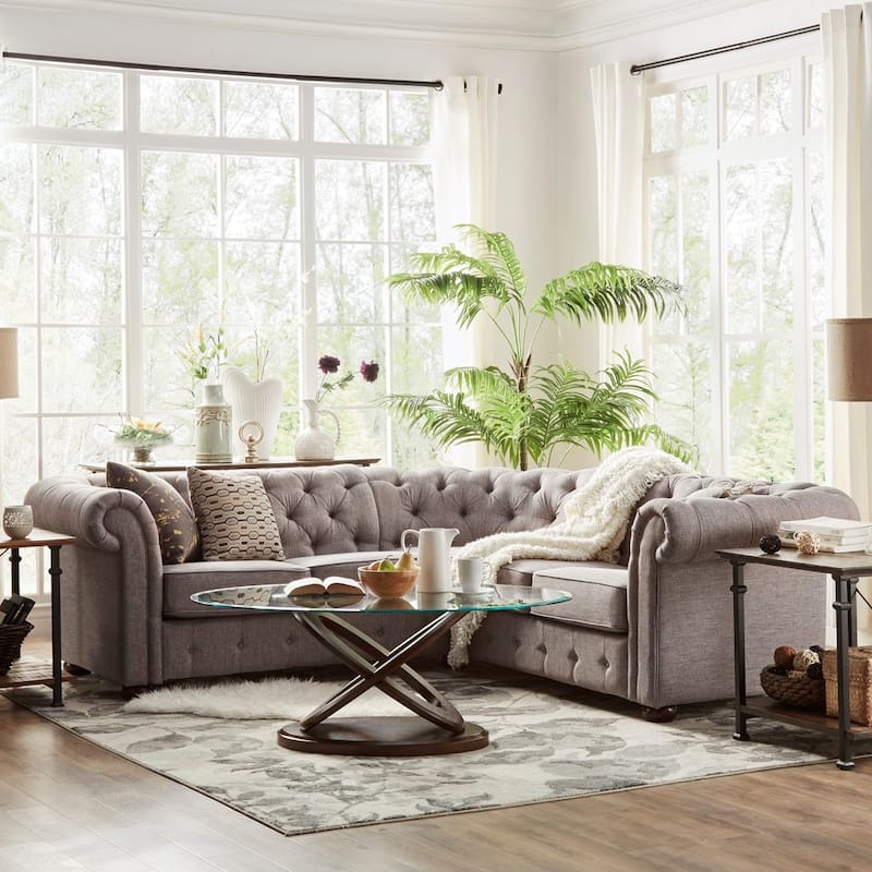 Knightsbridge Scrolled Arm Chesterfield Sectional by iNSPIRE Q Artisan - Grey Linen