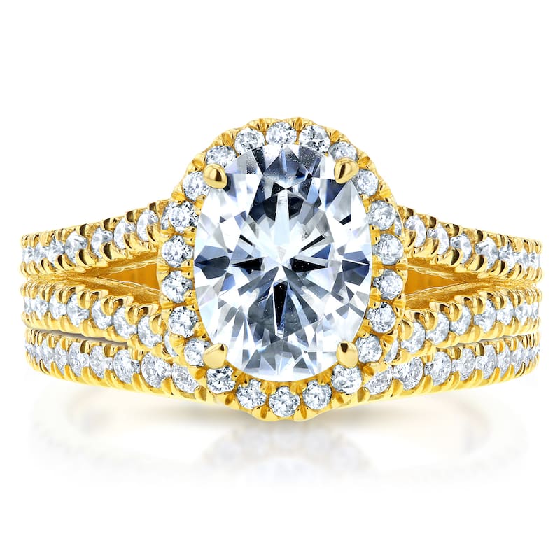 Annello by Kobelli 14k Yellow Gold 2 1/5ct TGW Moissanite and Diamond Oval Halo Split Shank Bridal Rings Set (2pc Set)