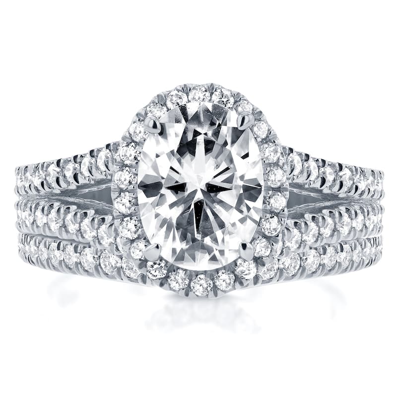 Annello by Kobelli 14k White Gold 2 1/5ct TGW Moissanite and Diamond Oval Halo Split Shank Bridal Rings Set (2pc Set)
