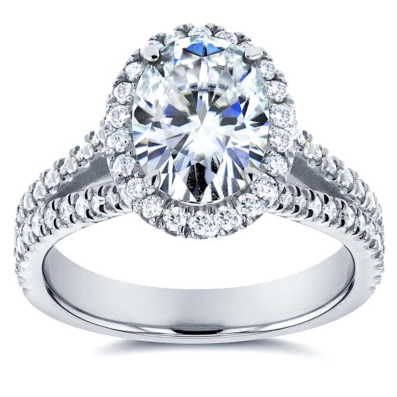 Annello by Kobelli 14k White Gold 2ct TGW Moissanite and Diamond Oval Halo Split Shank Engagement Ring (GH/VS, GH/I)