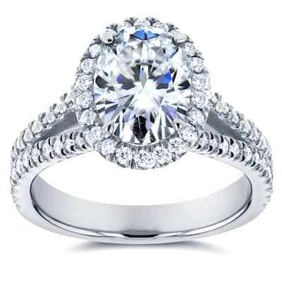 Annello by Kobelli 14k White Gold 2ct TGW Moissanite and Diamond Oval Halo Split Shank Engagement Ring (GH/VS, GH/I)