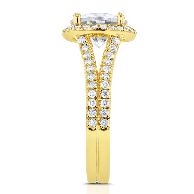 Annello by Kobelli 14k Yellow Gold 2ct TGW Moissanite and Diamond Oval Halo Split Shank Engagement Ring
