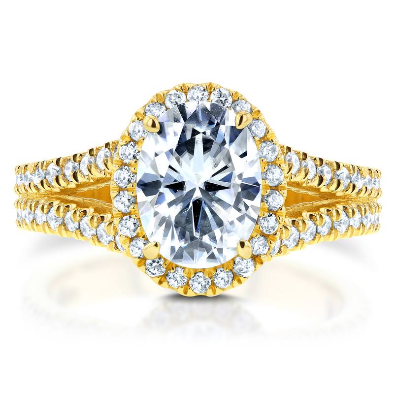 Annello by Kobelli 14k Yellow Gold 2ct TGW Moissanite and Diamond Oval Halo Split Shank Engagement Ring