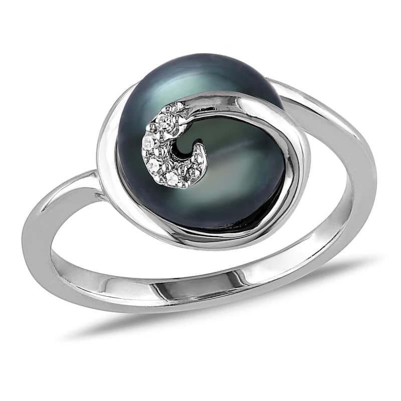 Miadora Sterling Silver Tahitian Pearl and Diamond Accent Cocktail Ring - Black