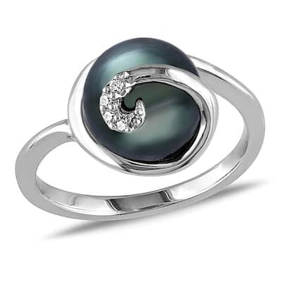Miadora Sterling Silver Tahitian Pearl and Diamond Accent Cocktail Ring - Black