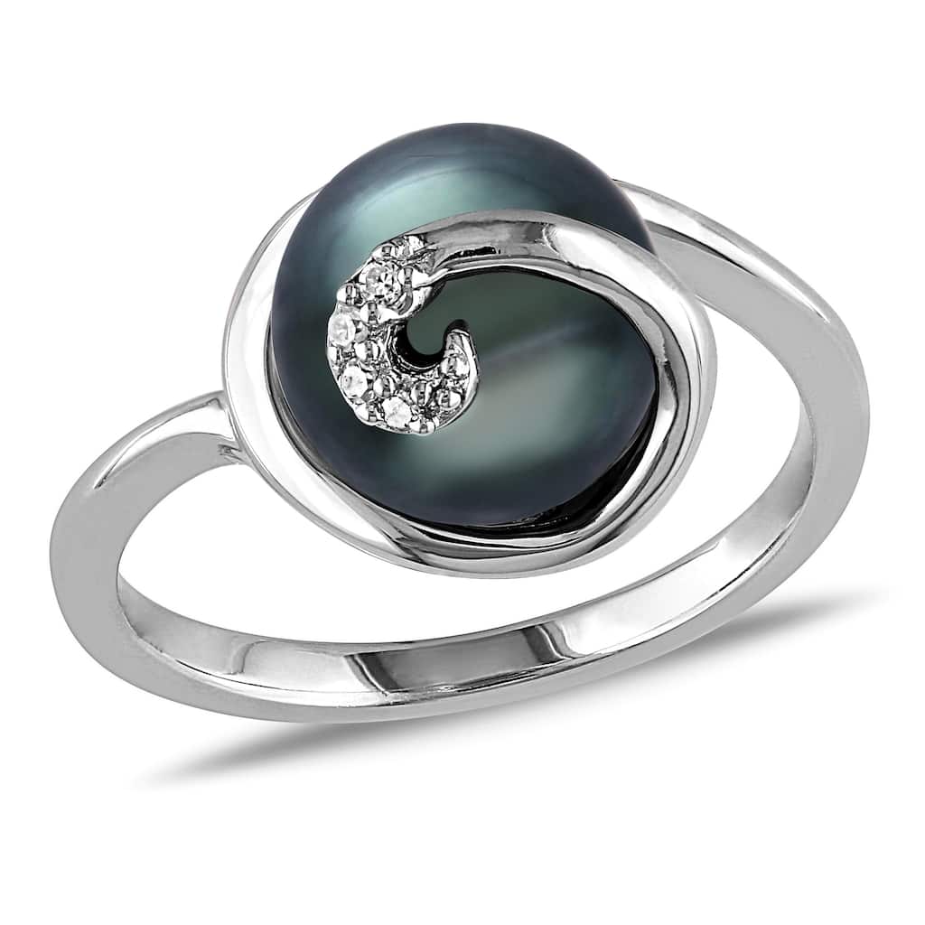 Miadora Sterling Silver Tahitian Pearl and Diamond Accent Cocktail Ring - Black