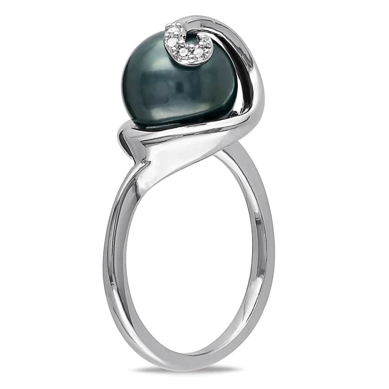 Miadora Sterling Silver Tahitian Pearl and Diamond Accent Cocktail Ring - Black