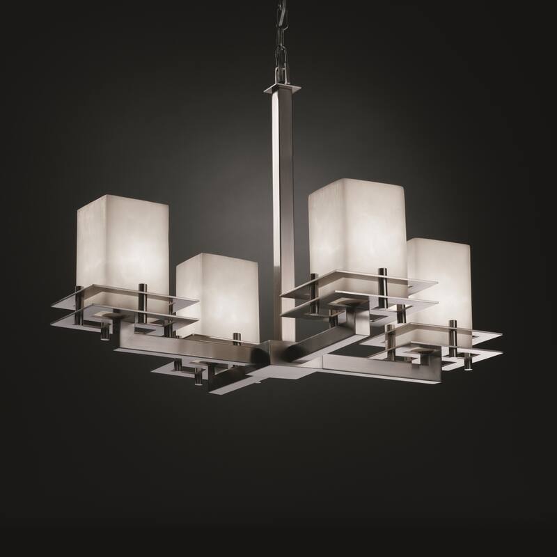 Justice Design Clouds Metropolis 4-light Brushed Nickel Chandelier, Clouds Square - Flat Rim Shade