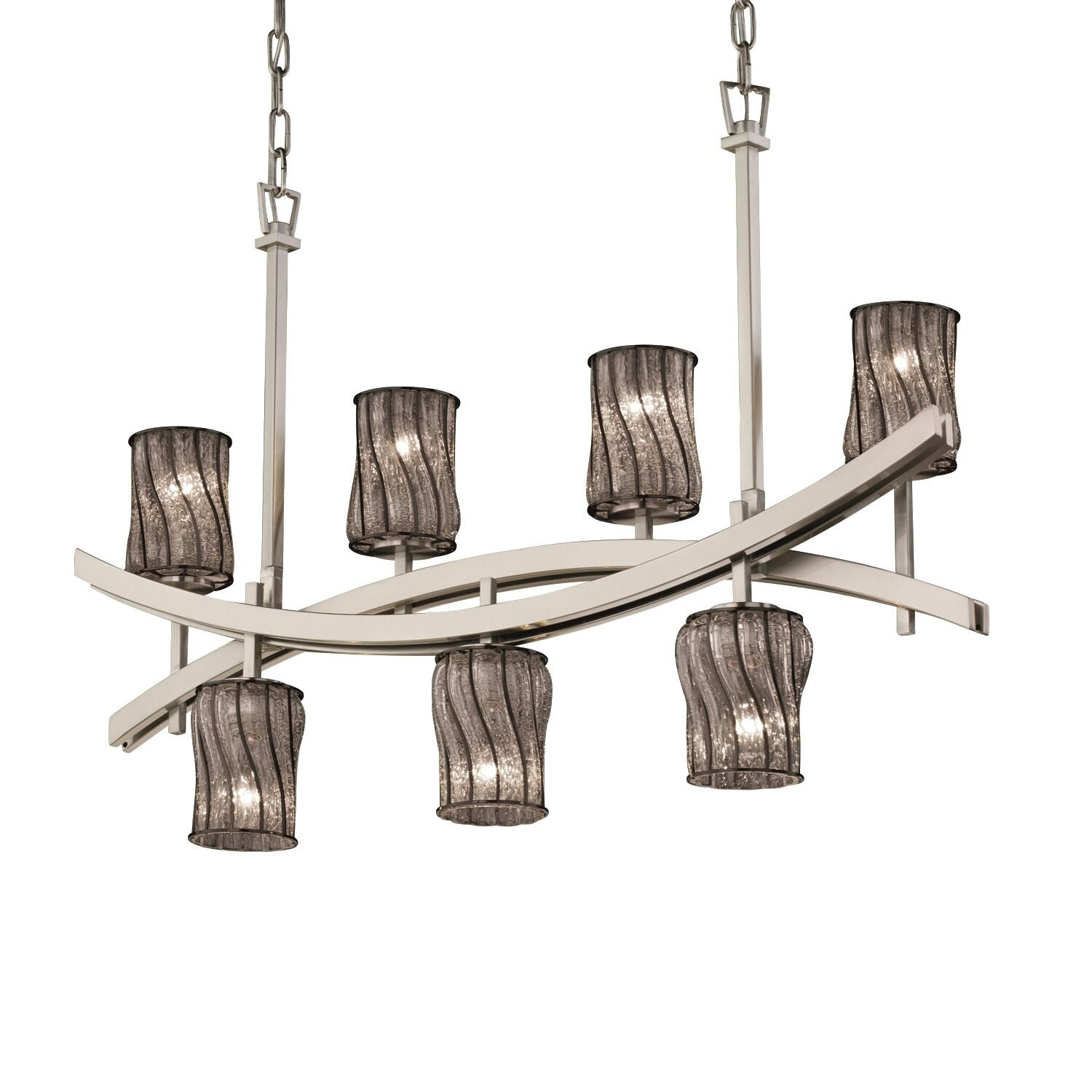 Justice Design Group Wire Glass Archway 7-light Brushed Nickel Chandelier, Swirl with Clear Bubbles Cylinder - Flat Rim Shade (Brushed Nickel, Swirl - Chandeliers For Bedrooms by Overstock.com