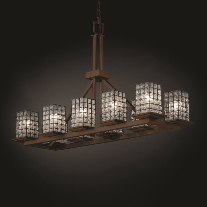 Justice Design Wire Glass Montana 10-light Brushed Nickel Chandelier, Grid with Clear Bubbles Square - Flat Rim Shade