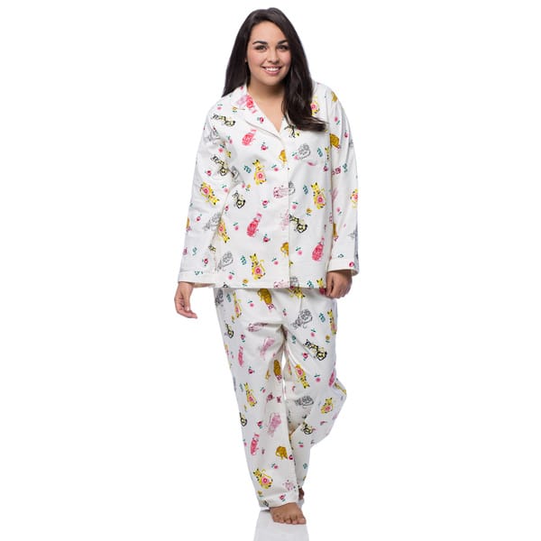 La Cera Women's Plus Size Cat Print Cotton Pajama Set - Overstock - 10696006