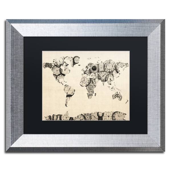 Michael Tompsett 'Old Clocks World Map' Black Matte, Silver Framed Wall Art Overstock 10698042