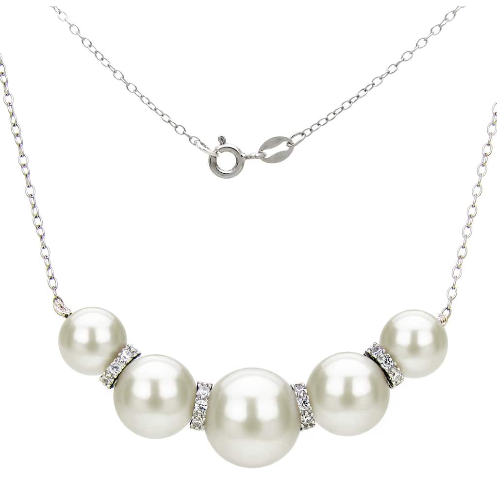 DaVonna Sterling Silver White Freshwater Pearl and CZ Chain Necklace (8-12mm)