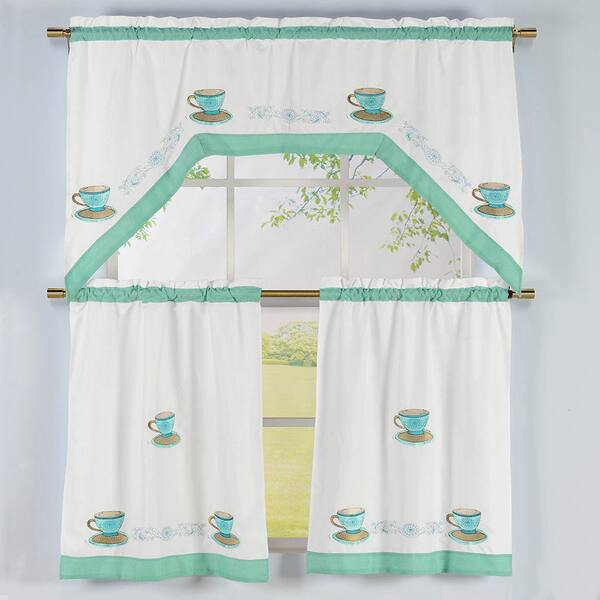 slide 1 of 1, Tea Time Pattern Embroidered Swag Valance and Tiers Kitchen Curtain (3-piece Set)