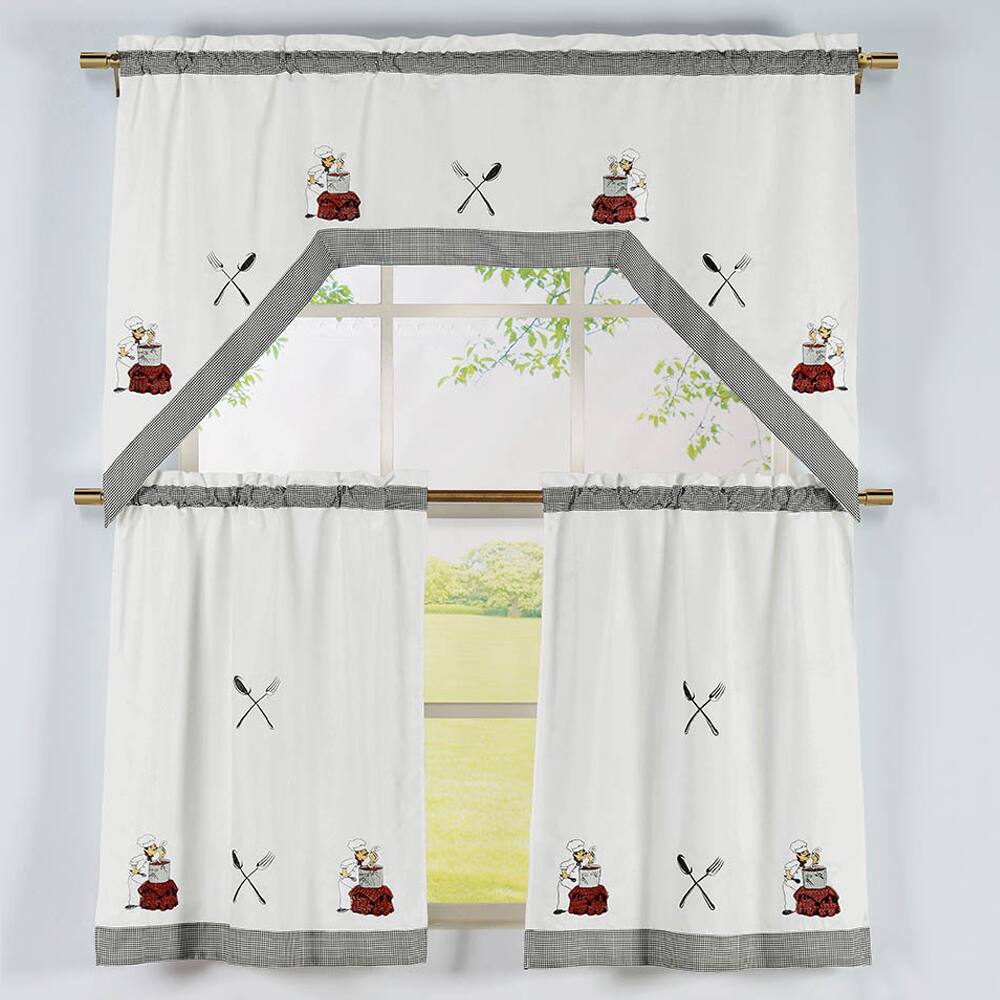 Cooking Chef Pattern 3-piece Embroidered Swag Valance and Tiers Kitchen Curtain Set