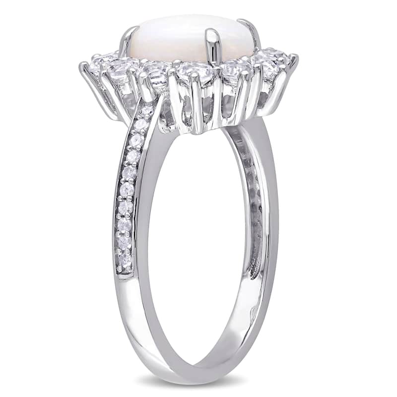 Miadora Sterling Silver Opal, White Topaz and 1/10ct TDW Diamond Halo Cocktail Ring (G-H, I2-I3)