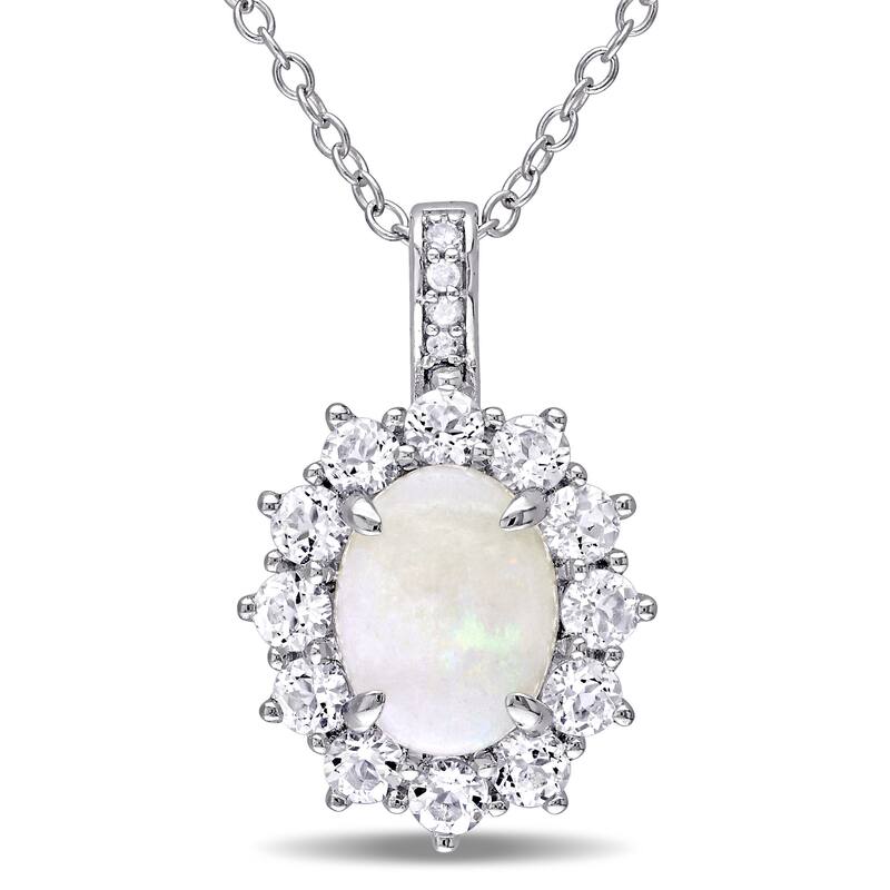 Miadora Sterling Silver Opal, White Topaz and Diamond Accent Halo Necklace