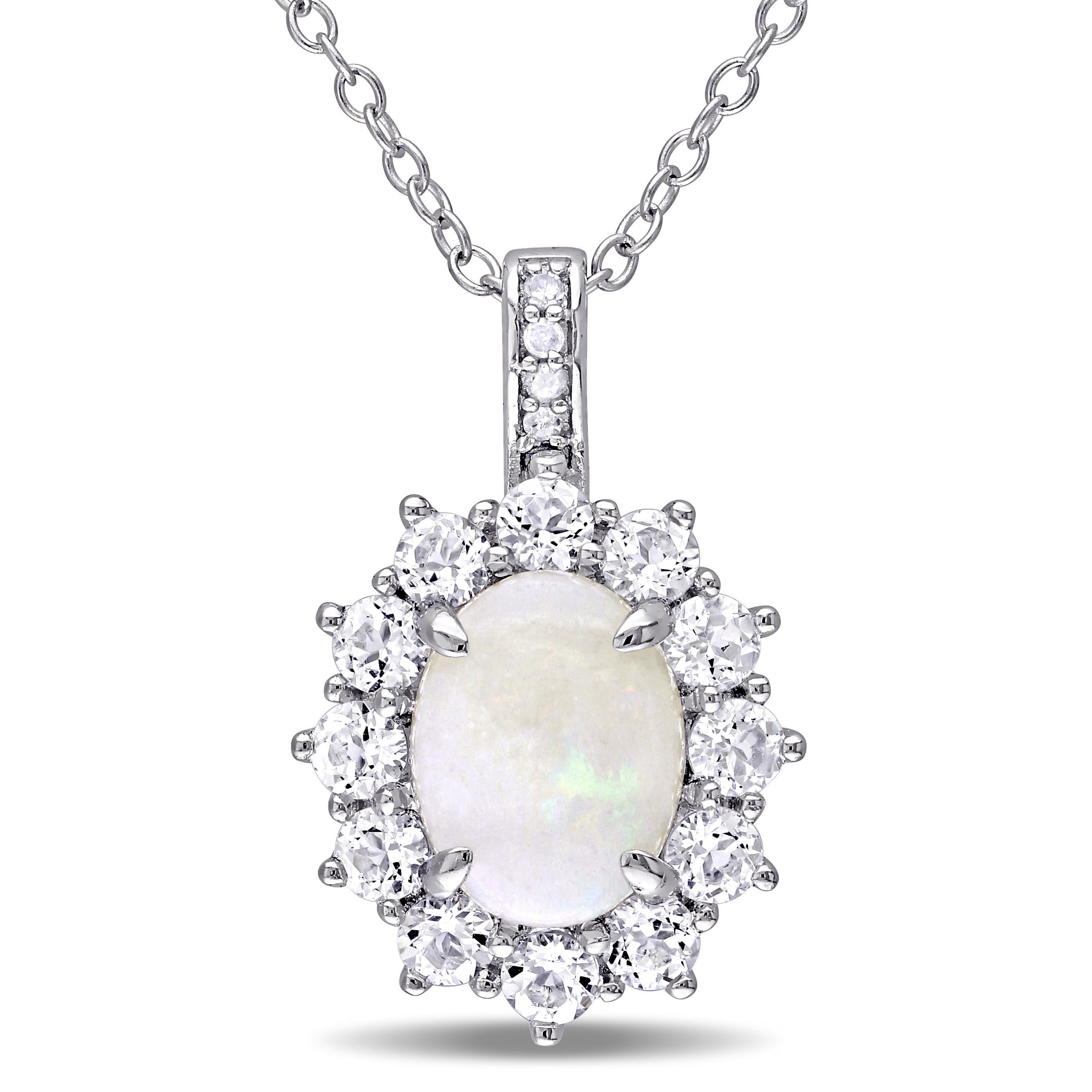 Miadora Sterling Silver Opal, White Topaz and Diamond Accent Halo Necklace