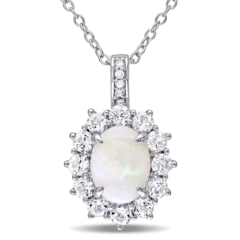 Miadora Sterling Silver Opal, White Topaz and Diamond Accent Halo Necklace