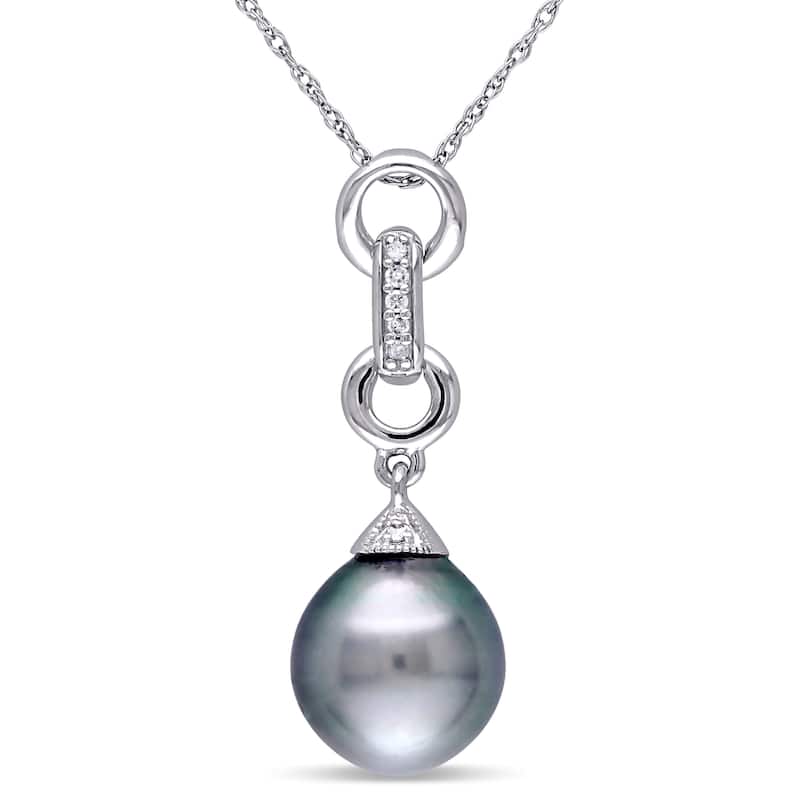Miadora 10k White Gold Tahitian Platinum Pearl and Diamond Accent Drop Necklace (9.5-10 mm)