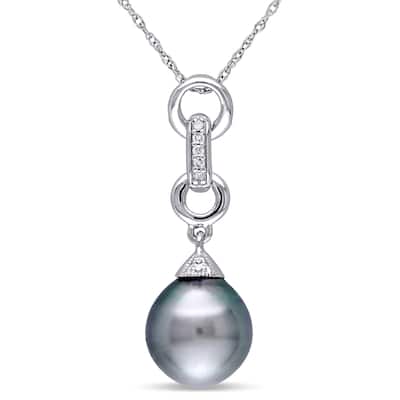 Miadora 10k White Gold Tahitian Platinum Pearl and Diamond Accent Drop Necklace (9.5-10 mm)