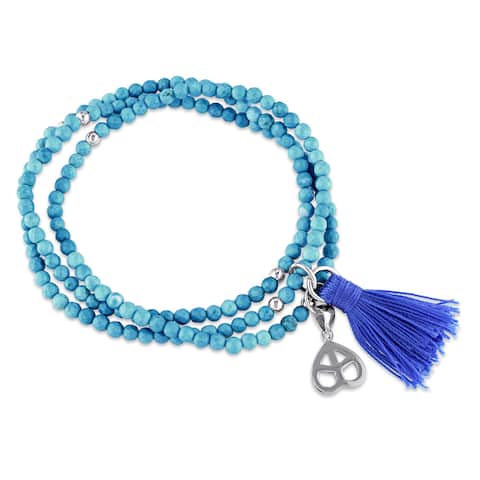 Miadora Sterling Silver Dyed Howlite and Blue Tassel Endless Heart Charm Bracelet