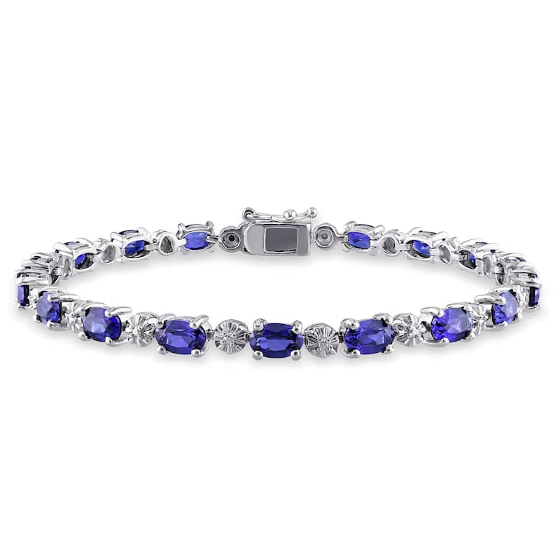Miadora Sterling Silver Created Blue Sapphire and Diamond Accent Birthstone Tennis Bracelet