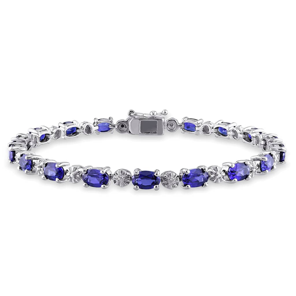 Miadora Sterling Silver Created Blue Sapphire and Diamond Accent Birthstone Tennis Bracelet