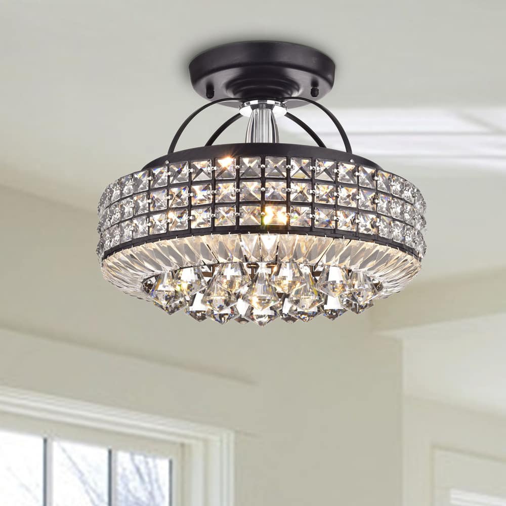 Jolie Antique Black Drum Shade Crystal Semi Flush Mount Chandelier