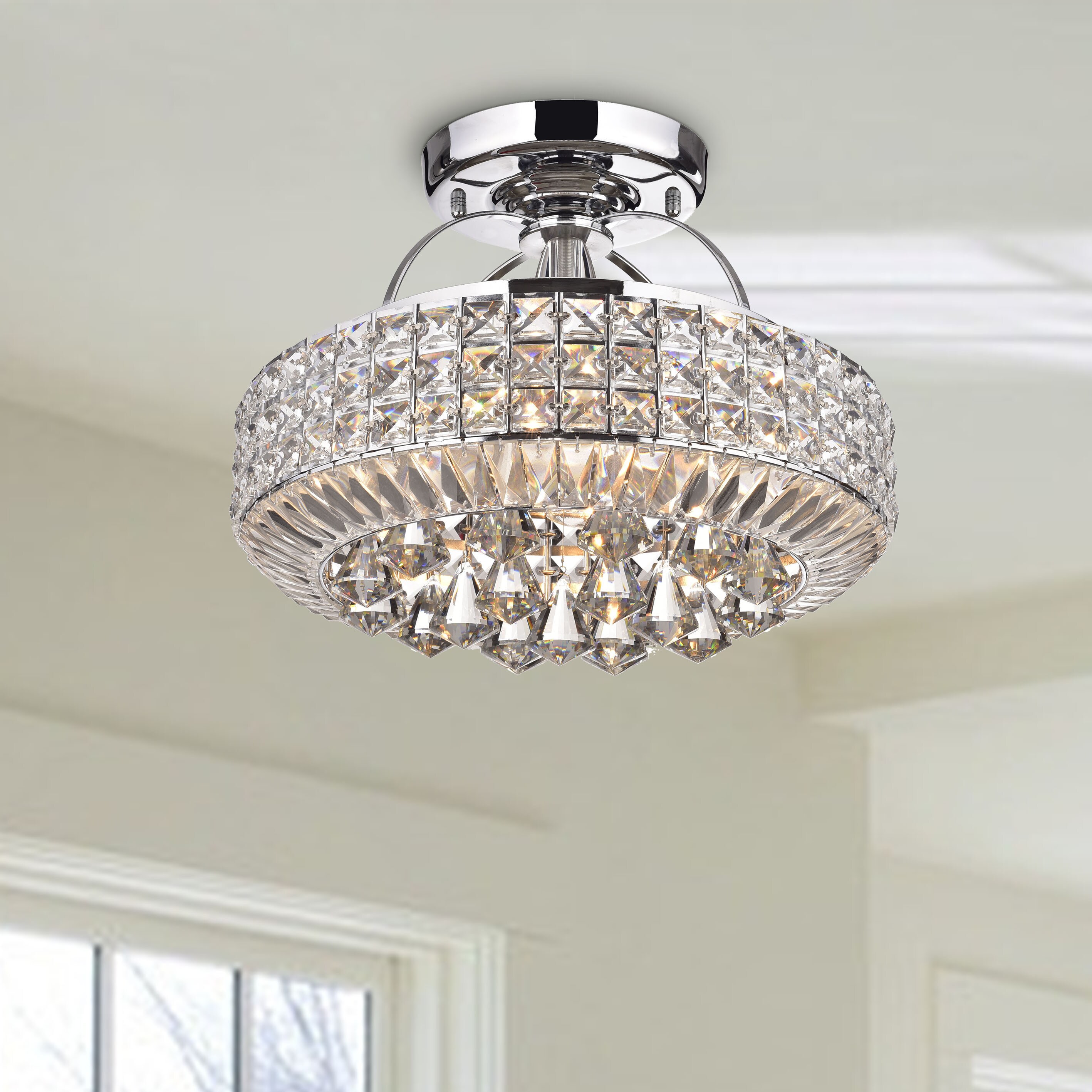 Jolie Chrome Drum Shade Crystal Semi Flush Mount Chandelier (Chrome, Drum Shade, Semi Flush Mount) - Chandeliers For Bedrooms by Overstock.com