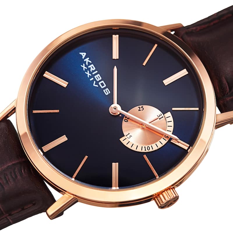 Akribos XXIV Men's Classic Quartz Date Display Leather Rose-Tone Strap Watch - brown