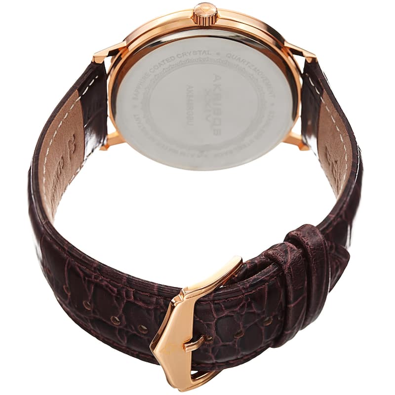 Akribos XXIV Men's Classic Quartz Date Display Leather Rose-Tone Strap Watch - brown