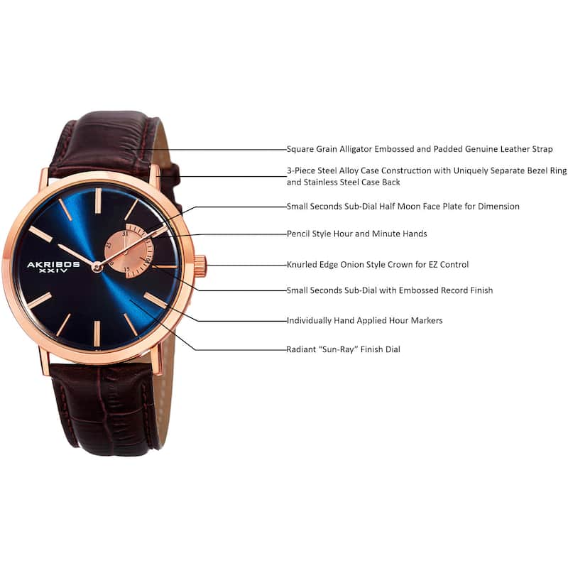 Akribos XXIV Men's Classic Quartz Date Display Leather Rose-Tone Strap Watch - brown