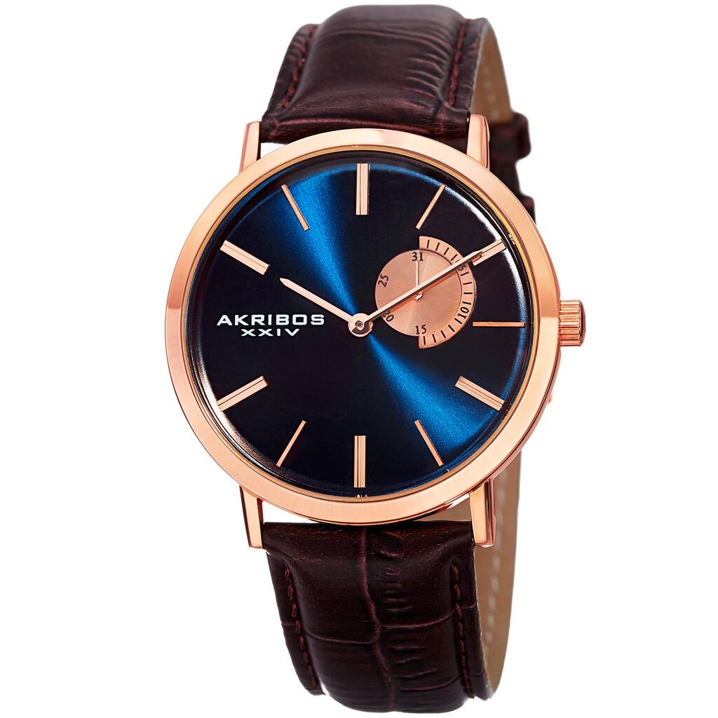 Akribos XXIV Men's Classic Quartz Date Display Leather Rose-Tone Strap Watch - brown