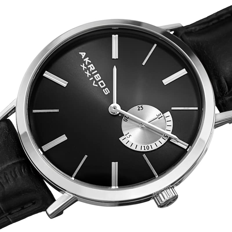 Akribos XXIV Men's Classic Quartz Date Display Leather Silver-Tone Strap Watch - Black