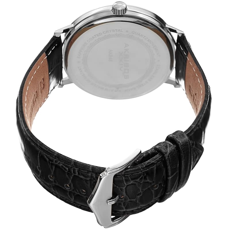 Akribos XXIV Men's Classic Quartz Date Display Leather Silver-Tone Strap Watch - Black