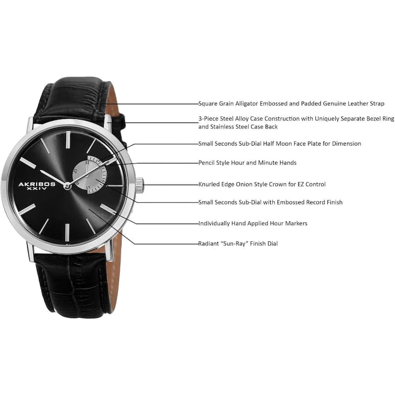Akribos XXIV Men's Classic Quartz Date Display Leather Silver-Tone Strap Watch - Black