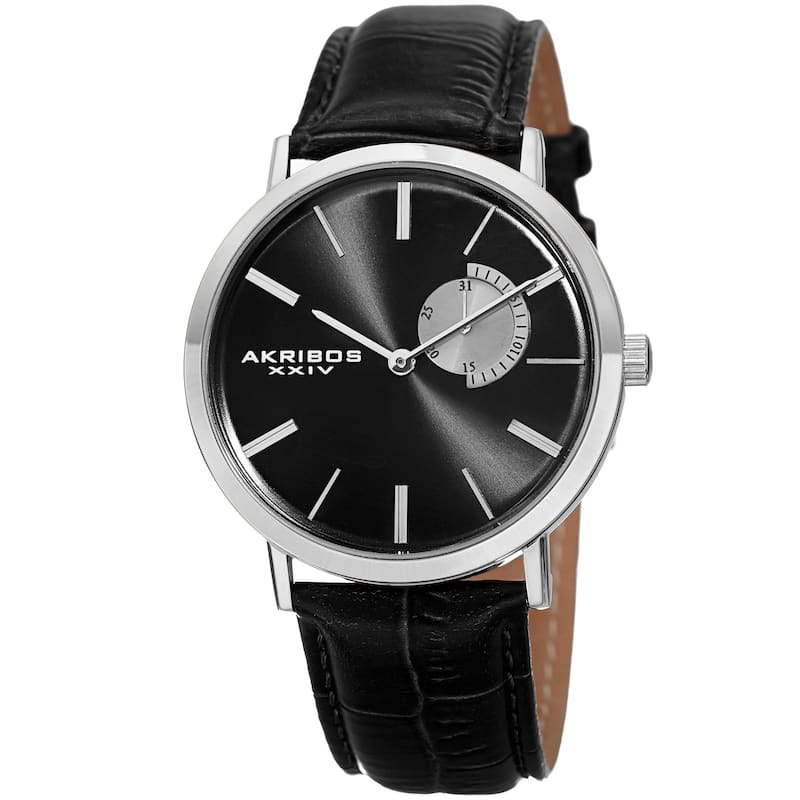 Akribos XXIV Men's Classic Quartz Date Display Leather Silver-Tone Strap Watch - Black