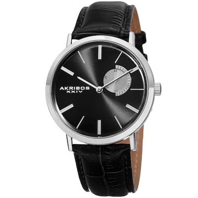 Akribos XXIV Men's Classic Quartz Date Display Leather Silver-Tone Strap Watch - Black