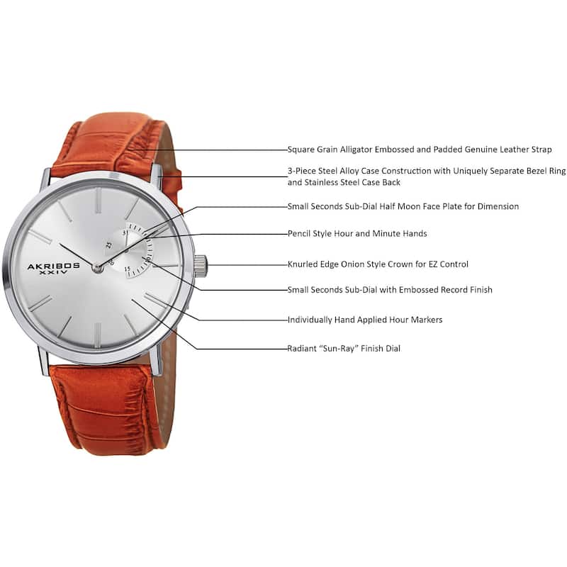 Akribos XXIV Men's Classic Quartz Date Display Leather Silver-Tone Strap Watch - brown
