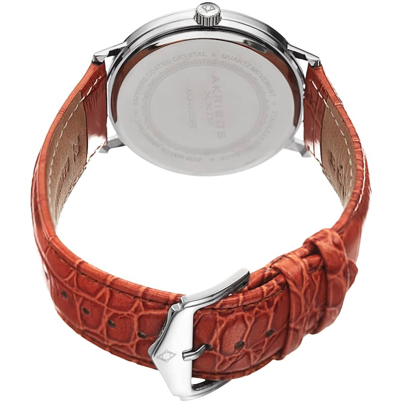 Akribos XXIV Men's Classic Quartz Date Display Leather Silver-Tone Strap Watch - brown