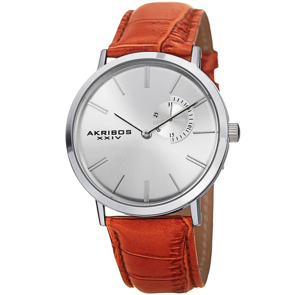 Akribos XXIV Men's Classic Quartz Date Display Leather Silver-Tone Strap Watch - brown
