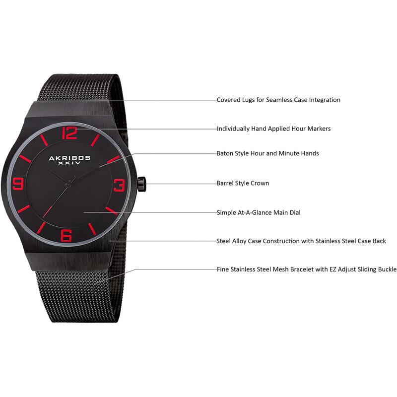 Akribos XXIV Men's Quartz Stainless Steel Mesh Black Bracelet Watch