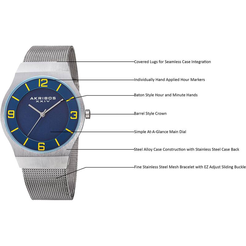 Akribos XXIV Men's Quartz Stainless Steel Mesh Blue Bracelet Watch