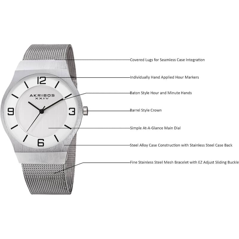 Akribos XXIV Men's Quartz Stainless Steel Mesh Silver-Tone Bracelet Watch - silver