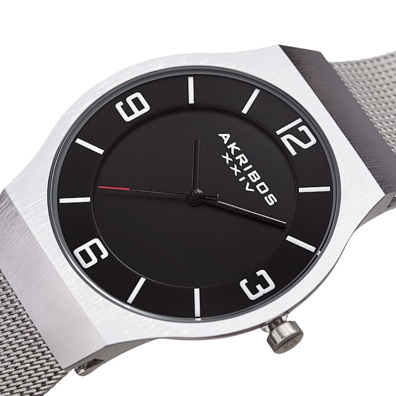 Akribos XXIV Men's Quartz Stainless Steel Mesh Silver-Tone Bracelet Watch - black