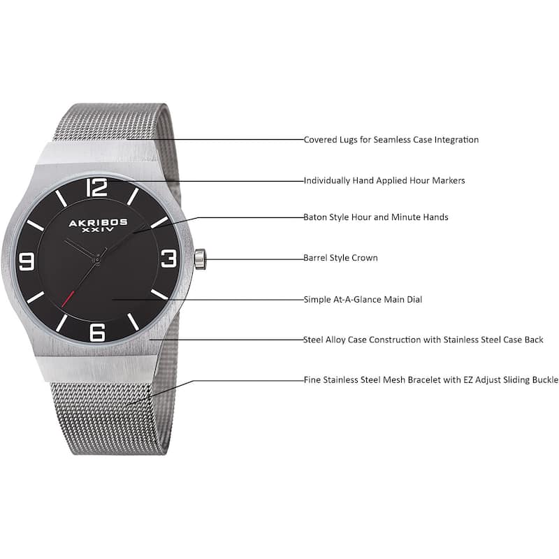 Akribos XXIV Men's Quartz Stainless Steel Mesh Silver-Tone Bracelet Watch - black