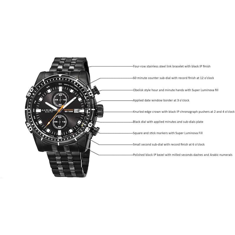 Akribos XXIV Men's Quartz Chronograph Stainless Steel Black Bracelet Watch